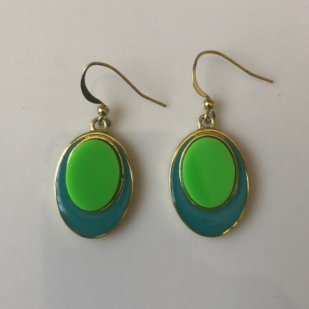 Gold-Metal Plated Blue and Green Drop Earrings